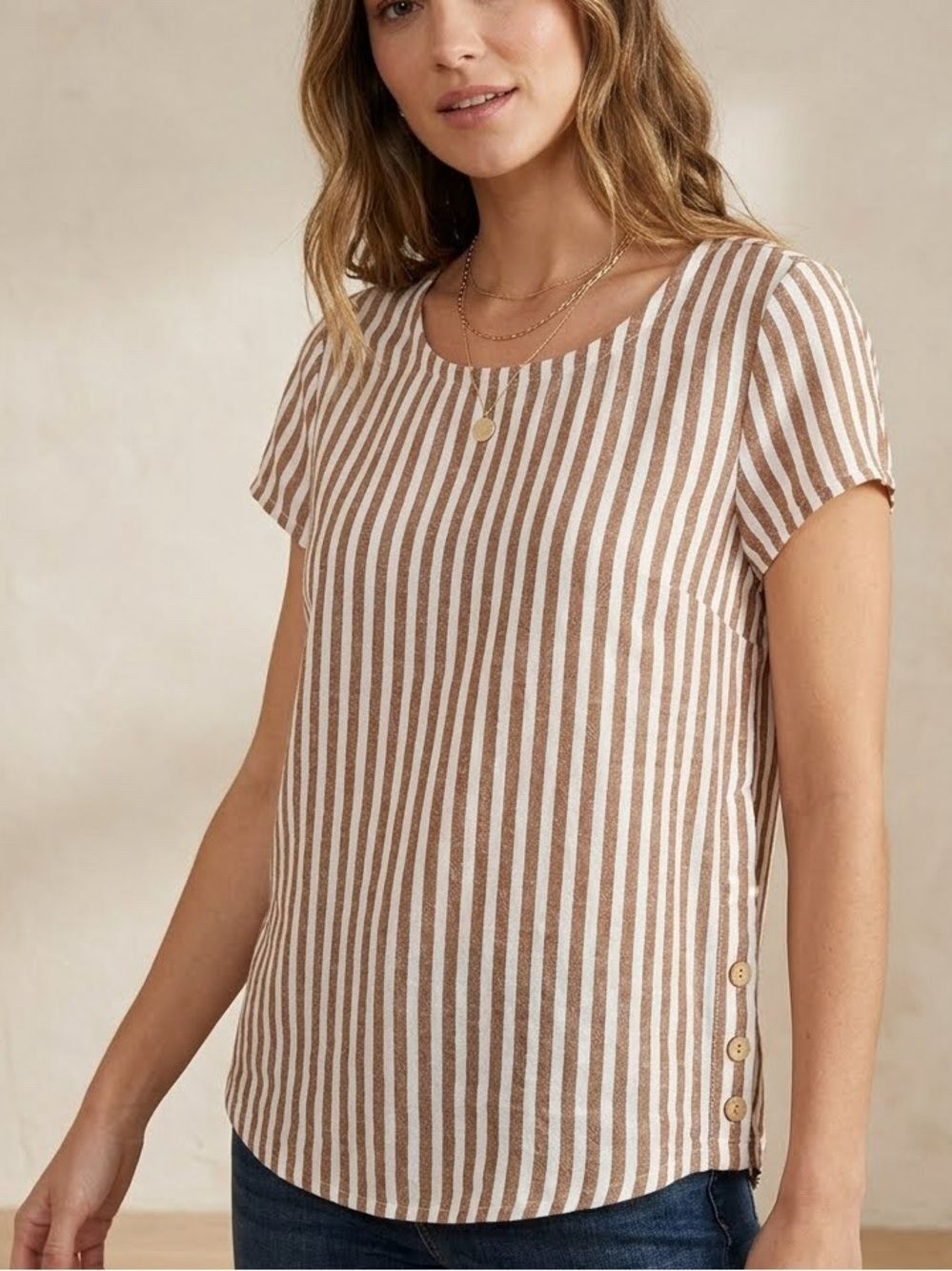 Cynthia Rowley Linen Blend Striped Side Button Top Brown White Small